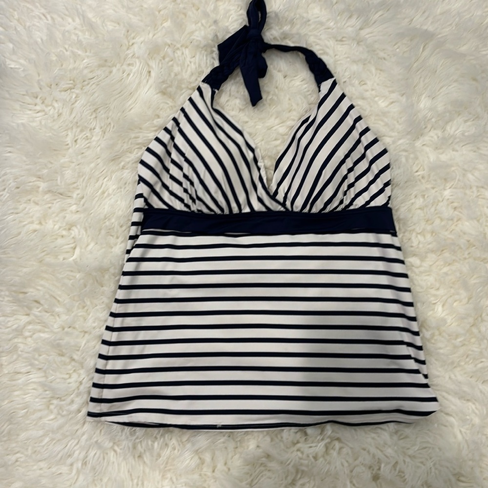EUC Land’s End Halter Tankini Top size 12 Nautical  Blue & White.